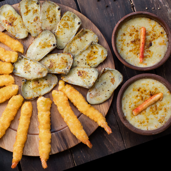 CENA PARA 2. Pasteles centolla + machas parmesanas + camarones tempura gigantes