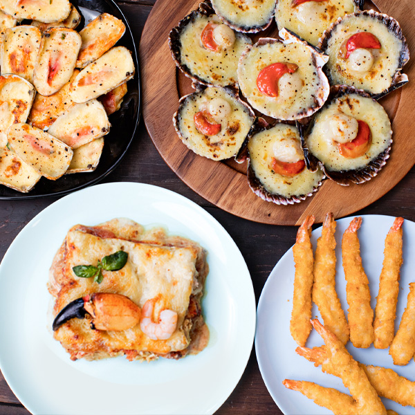 CENA PARA 6-8. Lasaña jaiba y camarones + ostiones y machas parmesana + camarones gigantes